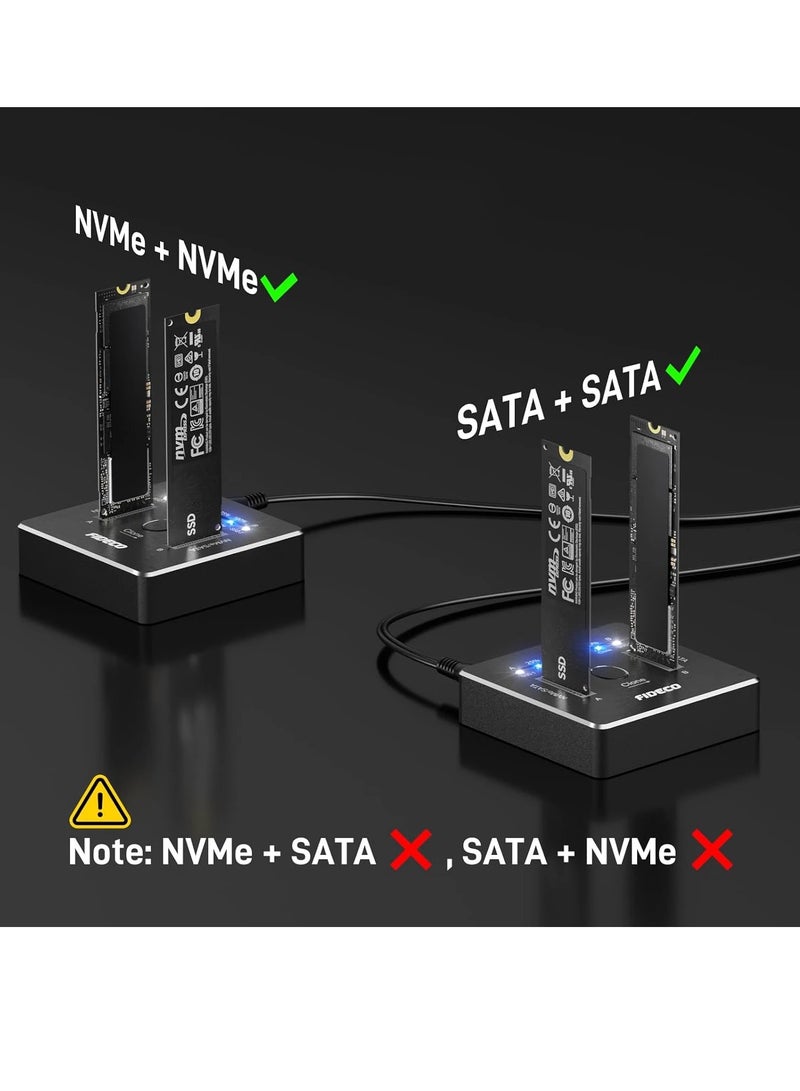 FIDECO Dual-Bay M.2 NVME SATA SSD Enclosure, 20Gbps M.2 NVMe SATA SSD Docking Station, USB 3.2 Gen 2 NVMe Clone Docking Station M.2, Supports Offline Clone, UASP and Trim, Aluminium Design  - Image 3