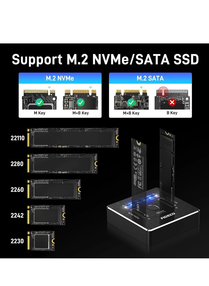 FIDECO Dual-Bay M.2 NVME SATA SSD Enclosure, 20Gbps M.2 NVMe SATA SSD Docking Station, USB 3.2 Gen 2 NVMe Clone Docking Station M.2, Supports Offline Clone, UASP and Trim, Aluminium Design  - Image 5