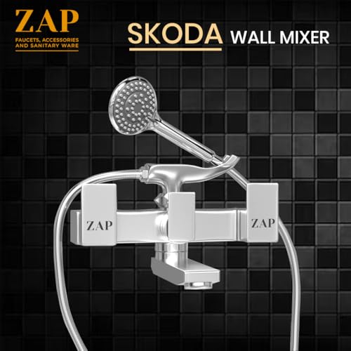 ZAP Skoda Full Brass Wall Mixer with Hand Shower | Chrome Plated Bathroom Fitting with Complete Screw Set | Durable & Stylish Bath Mixer Tap - Image 2
