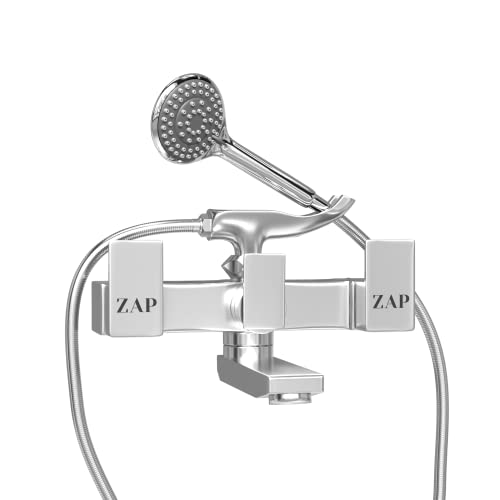 ZAP Skoda Full Brass Wall Mixer with Hand Shower | Chrome Plated Bathroom Fitting with Complete Screw Set | Durable & Stylish Bath Mixer Tap - Image 1
