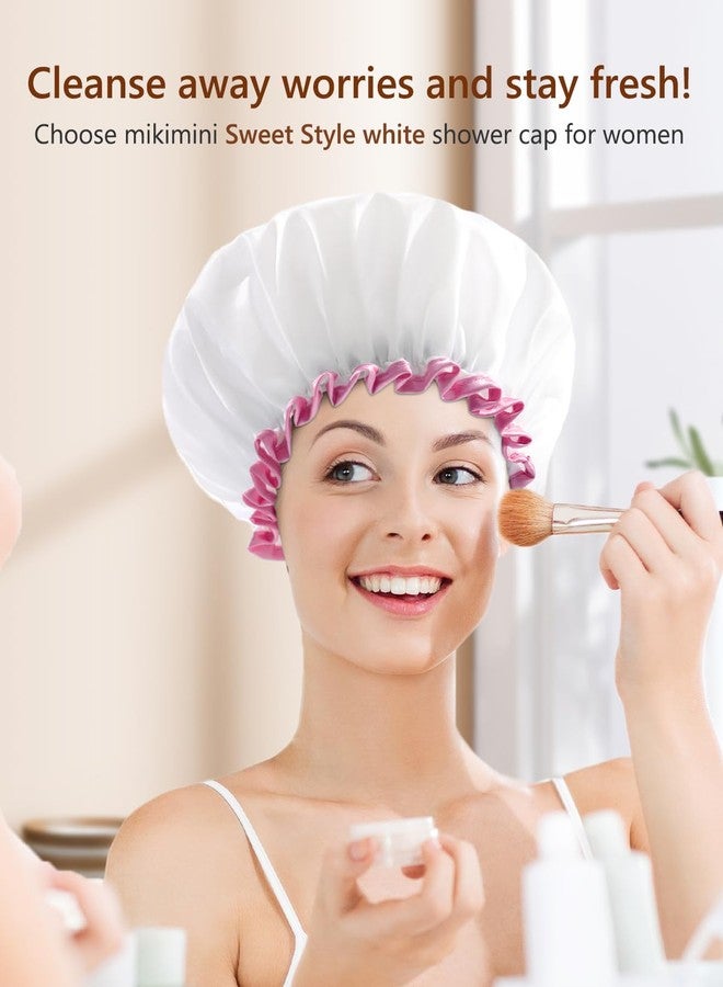 mikimini White Large Shower Cap for Women Long Hair, Reusable Waterproof Double Layers Bathing Hair Cap Soft Comfortable PEVA Lining, Cute, Non-fading & Stretchy Shower Hat X-Large Pack of 1 - Image 5