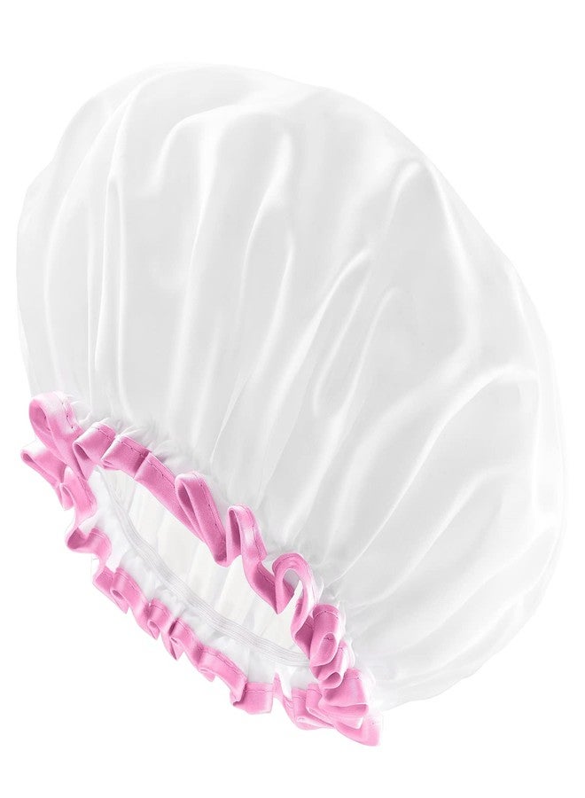 mikimini White Large Shower Cap for Women Long Hair, Reusable Waterproof Double Layers Bathing Hair Cap Soft Comfortable PEVA Lining, Cute, Non-fading & Stretchy Shower Hat X-Large Pack of 1 - Image 1