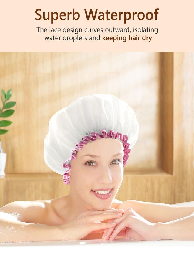 mikimini White Large Shower Cap for Women Long Hair, Reusable Waterproof Double Layers Bathing Hair Cap Soft Comfortable PEVA Lining, Cute, Non-fading & Stretchy Shower Hat X-Large Pack of 1 - Image 4