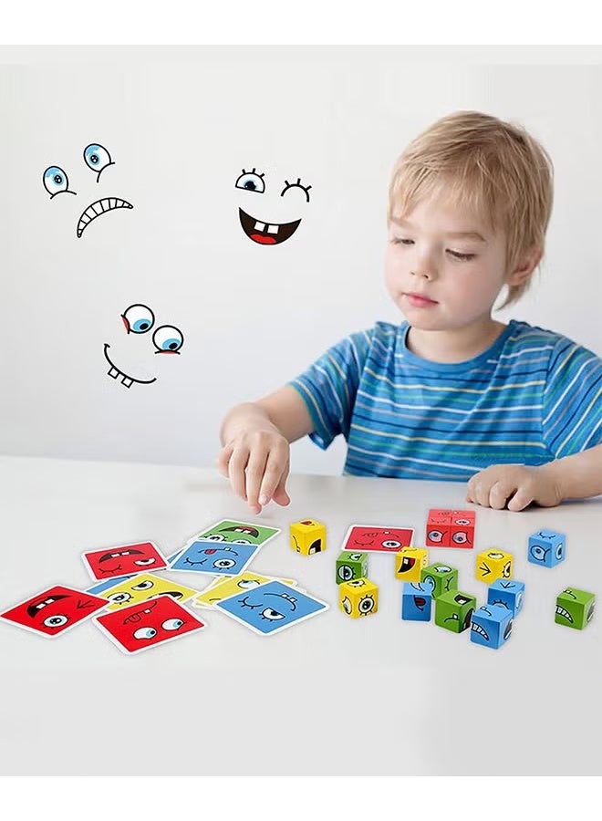 Expression Blocks Set with Clap Bell and 64 Cards, Wooden Expressions Matching Block Puzzles, Funny Emoji Building Cubes, Face Changing Magic Cube Game, Educational Montessori Toys, Perfect Gift for Kids - Image 1