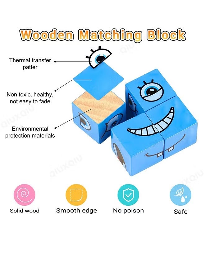 Expression Blocks Set with Clap Bell and 64 Cards, Wooden Expressions Matching Block Puzzles, Funny Emoji Building Cubes, Face Changing Magic Cube Game, Educational Montessori Toys, Perfect Gift for Kids - Image 2