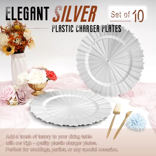 Tomeurperf Silver Charger Plates Bulk 10Pcs - 13" Elegant Silver Chargers for Dinner Plates, Wedding & Event Decorative Charger Plates Set（Fluted Edge） - Image 3