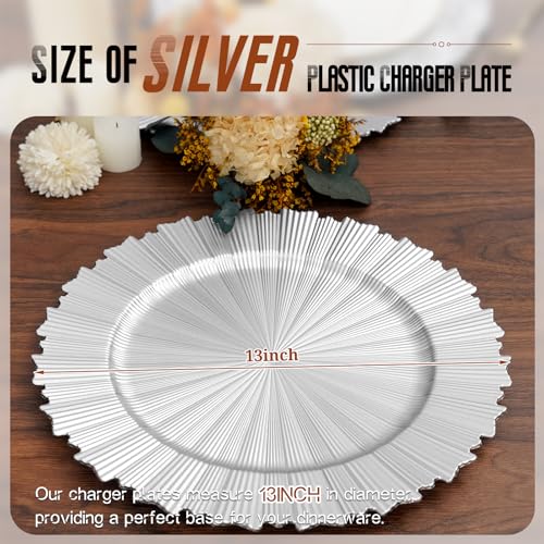 Tomeurperf Silver Charger Plates Bulk 10Pcs - 13" Elegant Silver Chargers for Dinner Plates, Wedding & Event Decorative Charger Plates Set（Fluted Edge） - Image 2