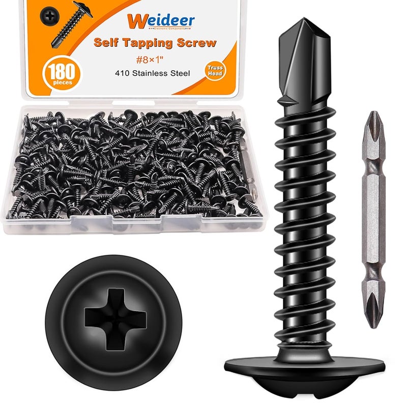 weideer 180pcs #8×1" Sheet Metal Screws Self Tapping Screws 410 Stainless Steel Black Truss Head Self Drilling Screws Quick Tapping Screw with Screwdriver Bit K-169-25-BK - Image 1