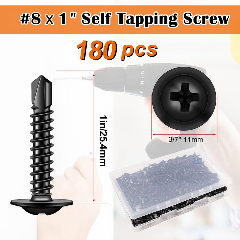 weideer 180pcs #8×1" Sheet Metal Screws Self Tapping Screws 410 Stainless Steel Black Truss Head Self Drilling Screws Quick Tapping Screw with Screwdriver Bit K-169-25-BK - Image 2