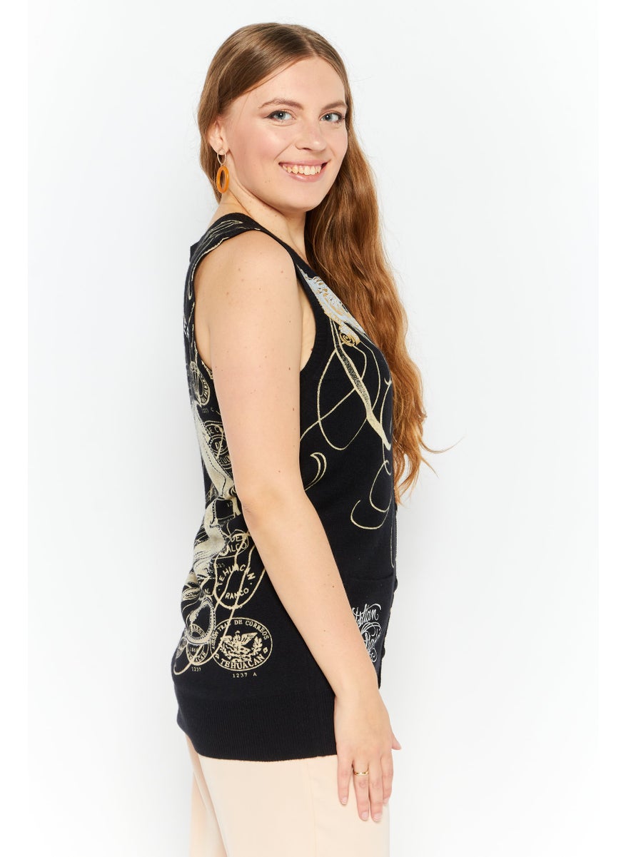 CHRISTIAN AUDIGIER Women V Neck Sleeveless Brand Logo Cardigan, Black  - Image 2