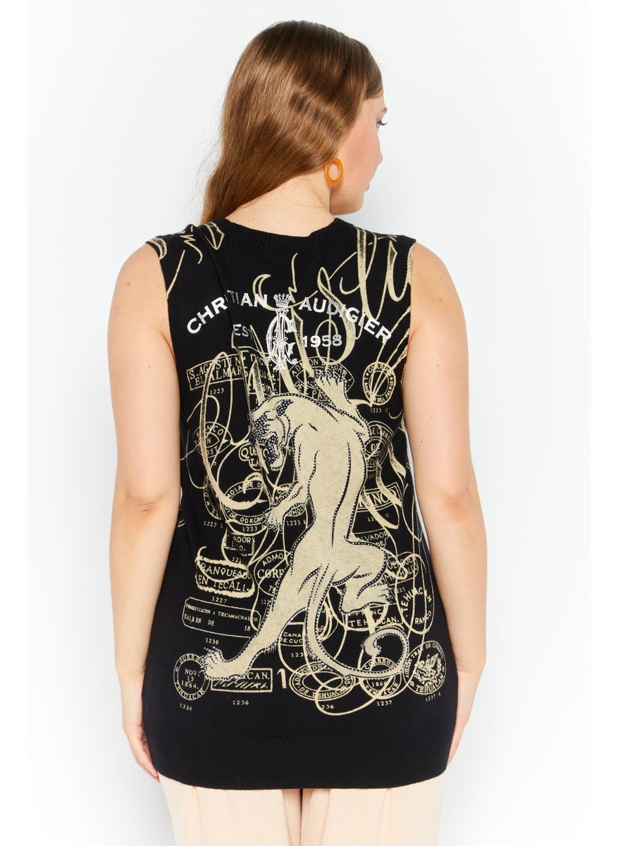 CHRISTIAN AUDIGIER Women V Neck Sleeveless Brand Logo Cardigan, Black  - Image 4