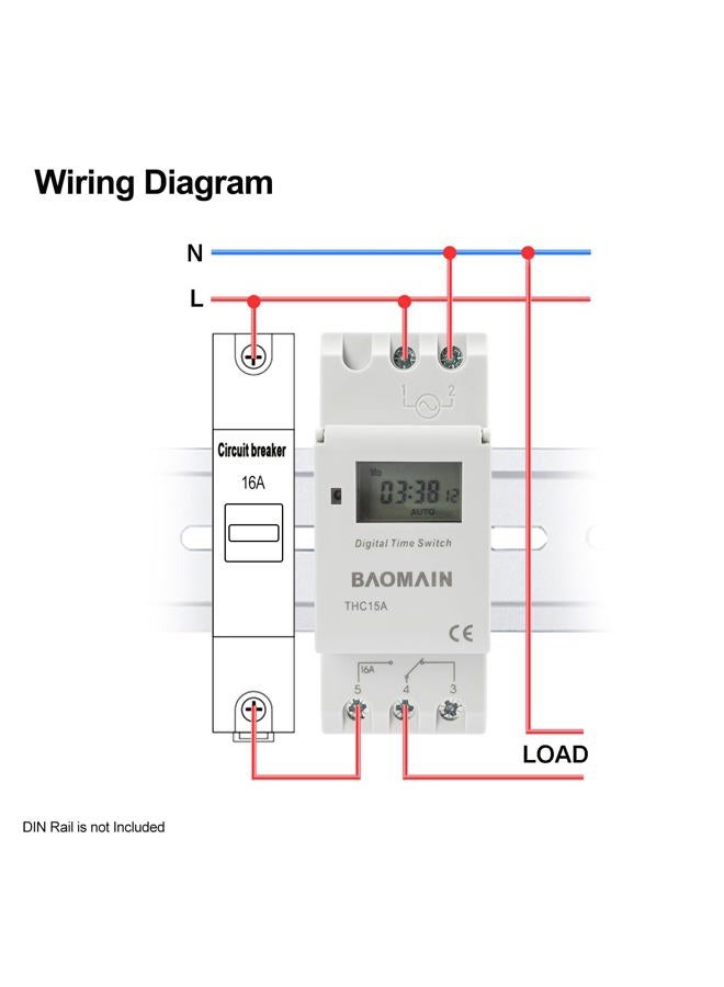 Baomain THC15A AC 220V - 240V Digital LCD Power Programmable Timer Time Switch Relay 16A Amp White - Image 3