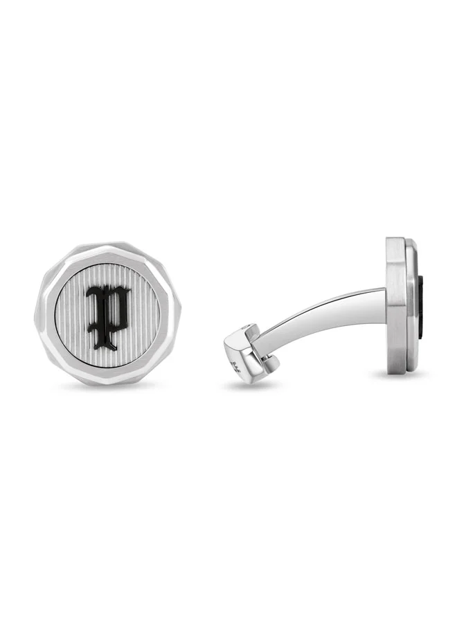POLICE Guard Silver Cufflinks with Black P Logo Fringe for Men