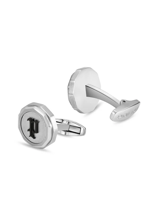 POLICE  Guard Silver Cufflinks with Black P Logo Fringe for Men  | Best Price UAE