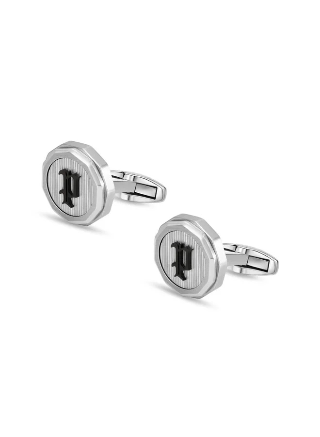 POLICE Guard Silver Cufflinks with Black P Logo Fringe for Men