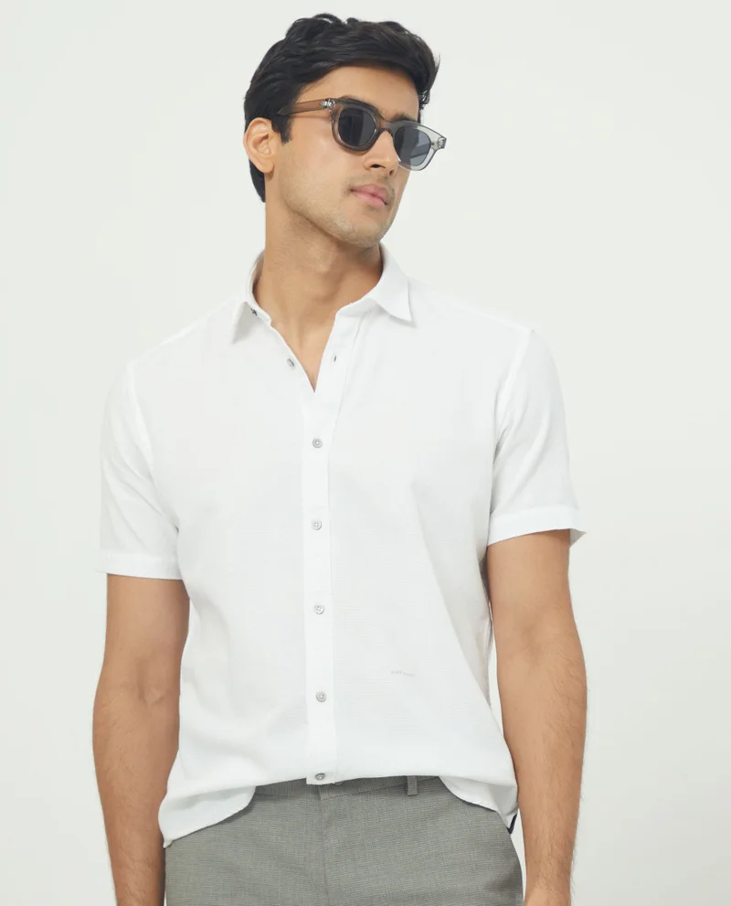 Rare Rabbit Rare Rabbit Men's Rissa White Cotton Fabric Half Sleeves Solid Dobby Shirt