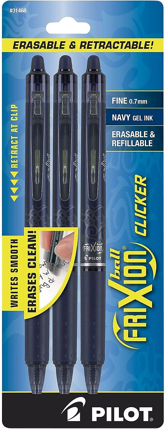 PILOT FriXion Clicker Erasable, Refillable & Retractable Gel Ink Pens, Fine Point, Navy Blue Ink, 3-Pack (31468) - Image 1