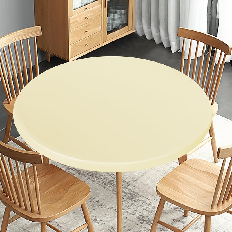 Obstal Fitted Round Table Cloth, Reversible Waterproof Stain Resistant Elastic Stretch Tablecloth, Wipe Clean Table Cover for Outdoor/Indoor Use, Fits Round Tables up to 32" - 36" Diameter, Cream - Image 1