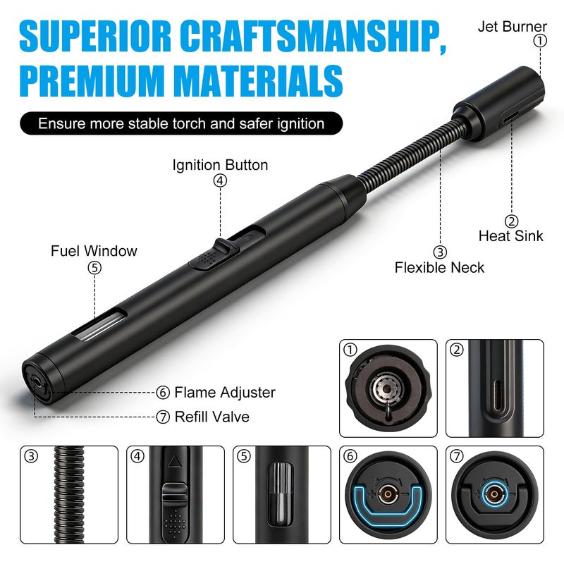 LcFun Torch Lighter Refillable Butane Lighters with Flexible Long Neck and Visible Fuel Window, Windproof Jet Flame Long Matches for Candles Grill Fireplace Kitchen Camping (Butane Not Included) - Image 2