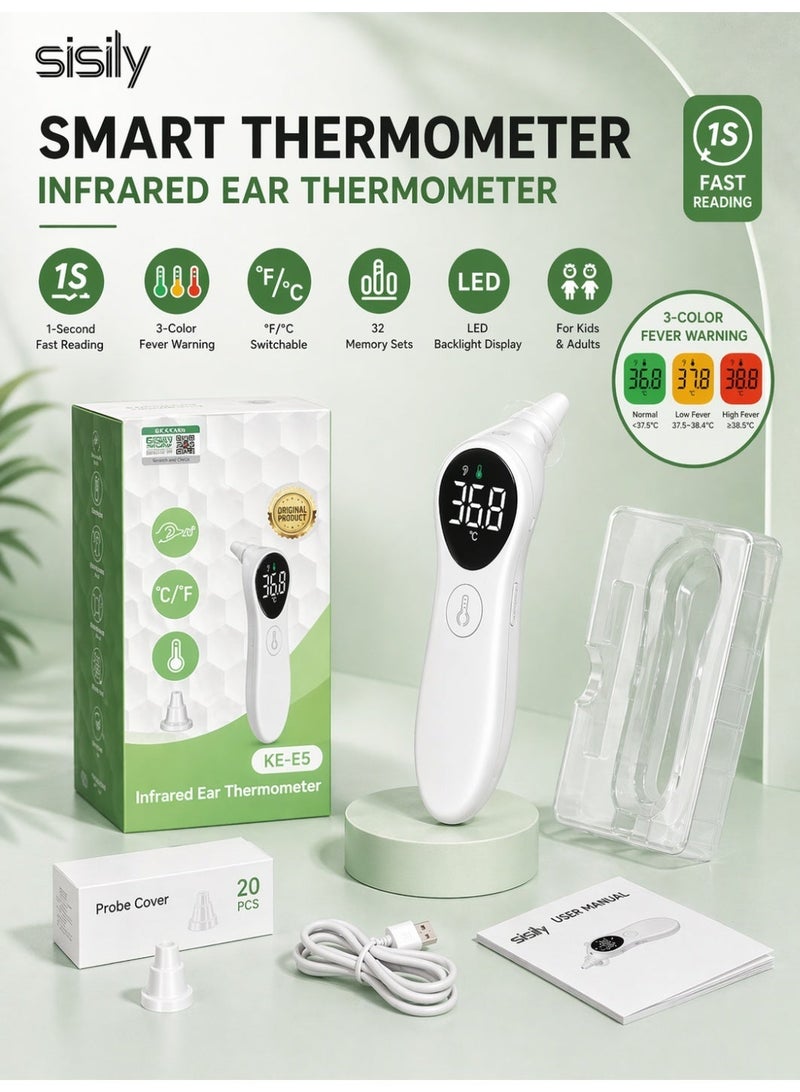 Sisily Smart Thermometer Infrared Ear Thermometer with 1-Second Fast Reading 3-Color Fever Warning ℉/℃ Switchable 32 Memory Sets LED Backlight Display for Kids and Adults - Image 1
