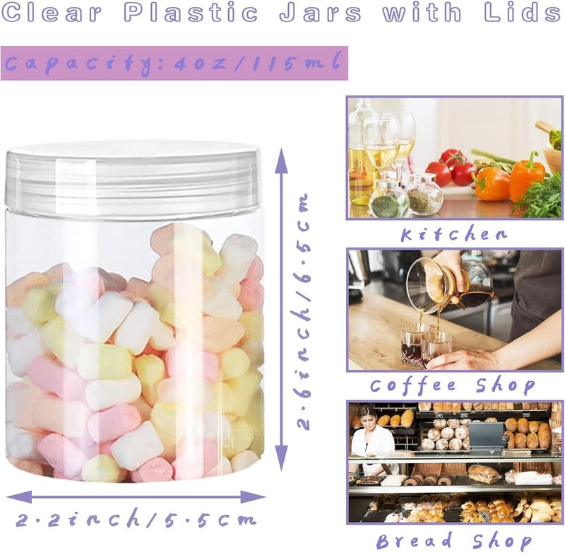 20 Pack 4oz Clear Plastic Jars with Lids,Wide-Mouth Refillable Storage Containers,Empty Round Containers for Candy,Beads,Lotion,Slime Making and Food Storage - Image 2