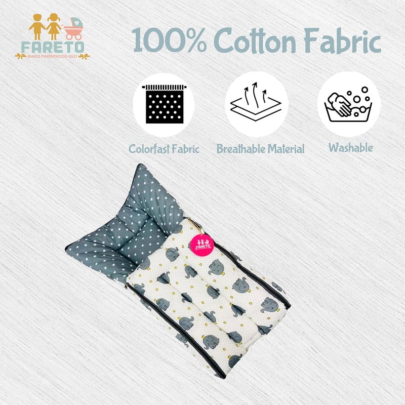 FARETO 3 in 1 Baby Bed, Sleeping Bag & Carry Nest, Cotton Baby Bedding for New Born (0-6 Months) (Gray Elephant) (Lightweight), Pack of 1 - Image 4
