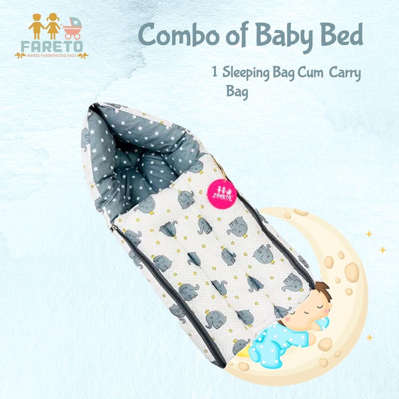 FARETO 3 in 1 Baby Bed, Sleeping Bag & Carry Nest, Cotton Baby Bedding for New Born (0-6 Months) (Gray Elephant) (Lightweight), Pack of 1 - Image 1