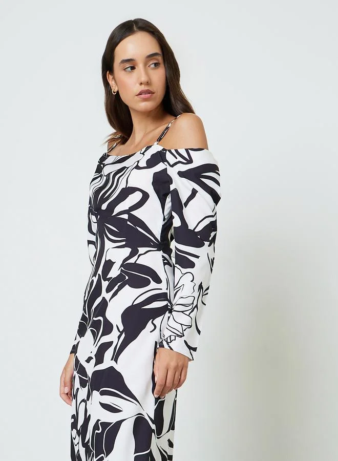 تايك تو Black All Over Print Asymmetric Neck Midi Dress