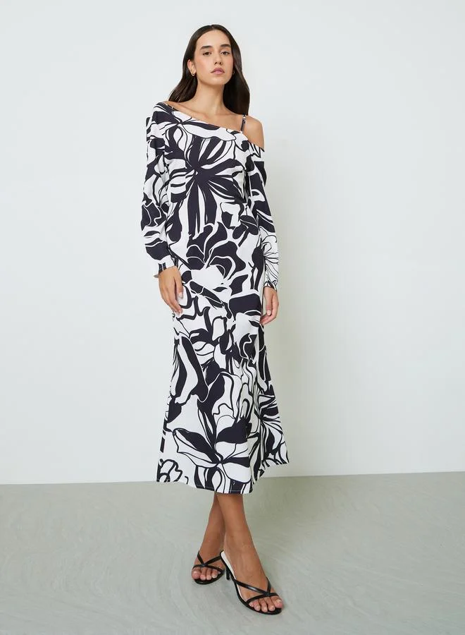 تايك تو Black All Over Print Asymmetric Neck Midi Dress