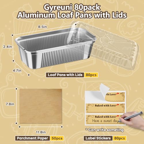 Gyreuni 50 Pack Aluminum Loaf Pans with Lids Stickers and Parchment Paper Sheets,2.4Lb Heavy Duty Aluminum Foil Premium Bread Tins - 8.5" X 4.7" X 2.2" Disposable Baking Pans - Image 2