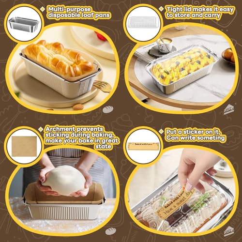 Gyreuni 50 Pack Aluminum Loaf Pans with Lids Stickers and Parchment Paper Sheets,2.4Lb Heavy Duty Aluminum Foil Premium Bread Tins - 8.5" X 4.7" X 2.2" Disposable Baking Pans - Image 3