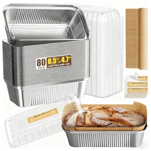 Gyreuni 50 Pack Aluminum Loaf Pans with Lids Stickers and Parchment Paper Sheets,2.4Lb Heavy Duty Aluminum Foil Premium Bread Tins - 8.5" X 4.7" X 2.2" Disposable Baking Pans - Image 1