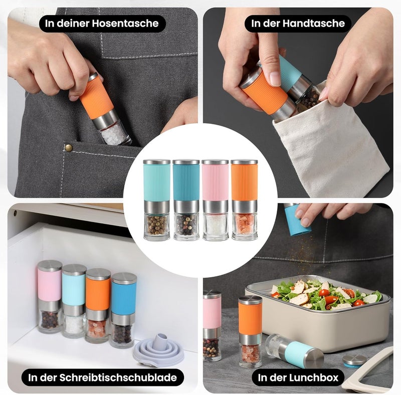 VEVOK CHEF مطحنة الملح والفلفل الصغيرة من VEVOK CHEF، مكونة من 4 قطع، مصنوعة من الزجاج، سهلة الحمل، مزودة بمناخل للملح والفلفل، باللون الأسود، مناسبة للسفر وصناديق الغداء وهدايا للمطبخ. - Image 4