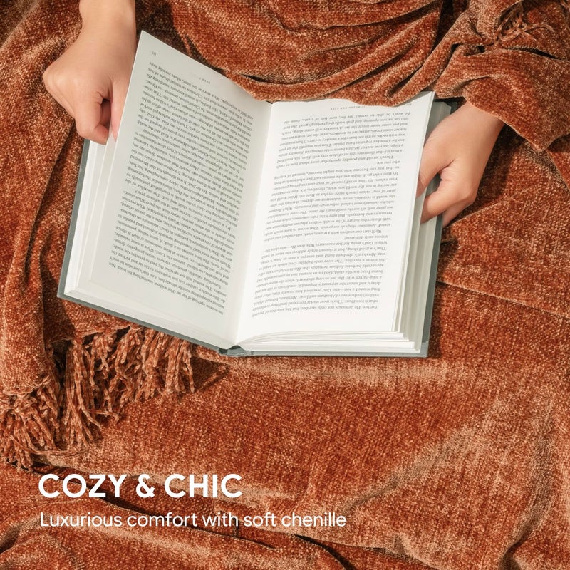 RECYCO Throw Blanket Soft Cozy Chenille Throw Blanket with Fringe Tassel for Couch Sofa Chair Bed Living Room Gift (Rust, 50" x 60") - Image 3