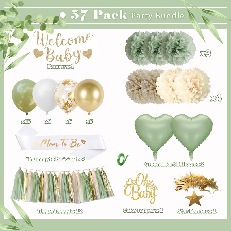 Aurasys Baby Shower Decorations - Sage Green Balloons Welcome Baby Banner, Cake Topper, Paper PomPoms, Tassels, Star Banner Decor for Baby Shower Decorations Neutral Gender Reveal Party Supplies - Image 2
