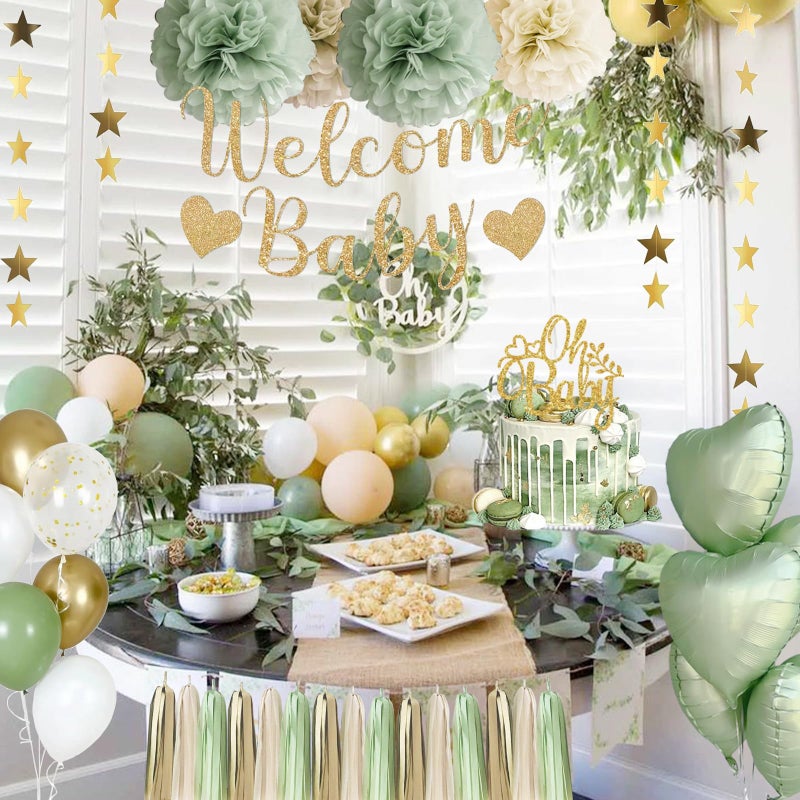 Aurasys Baby Shower Decorations - Sage Green Balloons Welcome Baby Banner, Cake Topper, Paper PomPoms, Tassels, Star Banner Decor for Baby Shower Decorations Neutral Gender Reveal Party Supplies - Image 3