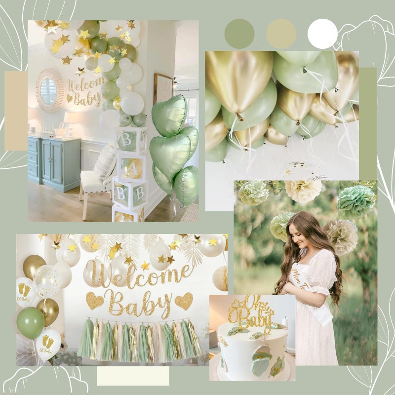 Aurasys Baby Shower Decorations - Sage Green Balloons Welcome Baby Banner, Cake Topper, Paper PomPoms, Tassels, Star Banner Decor for Baby Shower Decorations Neutral Gender Reveal Party Supplies - Image 4