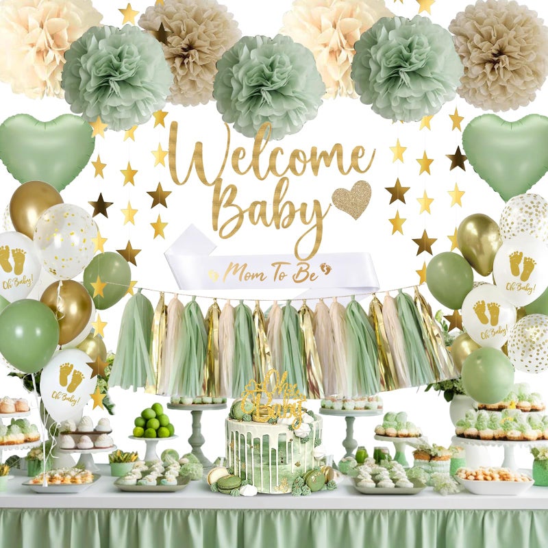 Aurasys Baby Shower Decorations - Sage Green Balloons Welcome Baby Banner, Cake Topper, Paper PomPoms, Tassels, Star Banner Decor for Baby Shower Decorations Neutral Gender Reveal Party Supplies - Image 1
