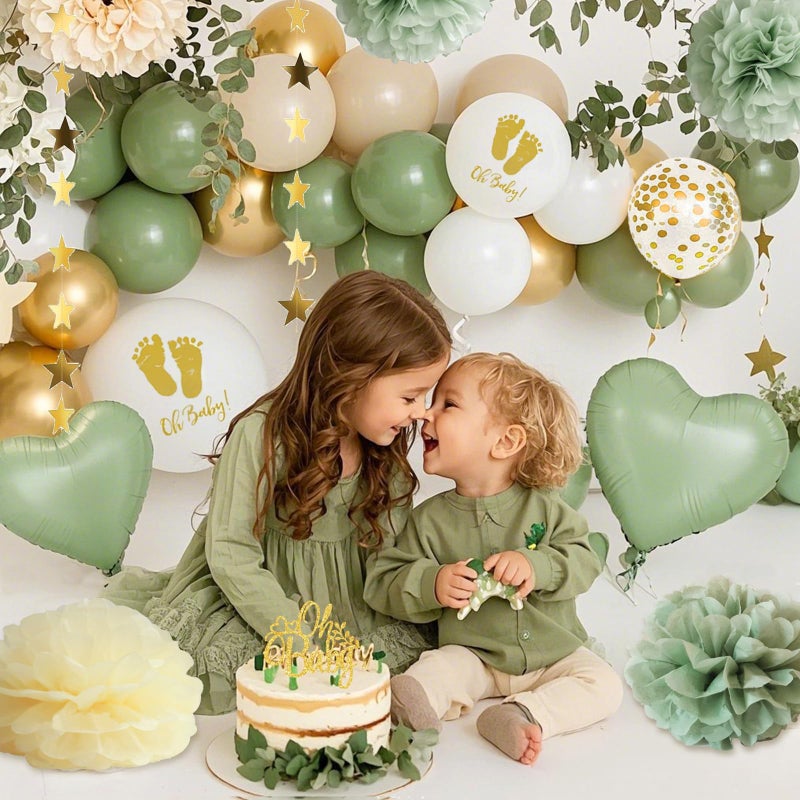 Aurasys Baby Shower Decorations - Sage Green Balloons Welcome Baby Banner, Cake Topper, Paper PomPoms, Tassels, Star Banner Decor for Baby Shower Decorations Neutral Gender Reveal Party Supplies - Image 5