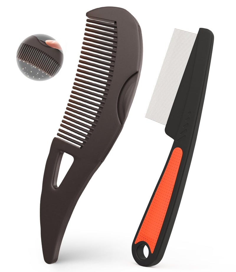 EHBELIF Self-Cleaning Dandruff Comb 2-Pack, Hollow Teeth Button-Release Scalp Detox, Fine Tooth 0.5mm & 2mm for Nits Buildup Removal, Women Men Kids, Stainless Steel Ergonomic Anti-Slip Hair Care Tool - Image 1