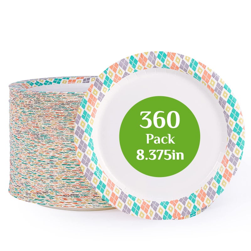 FOCUSLINE 360pack Paper Plates 8375 Inch Soak Proof Disposable Paper Plates for Everyday Use 360 Count Plate with Color Checkered Design Strong and Heavy Duty Round Plate