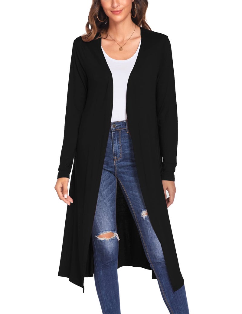 Bluetime Women Long Open Front Drape Maxi Cardigan Long Sleeve Cardigan Lightweight Sweater (L, Black) - Image 1