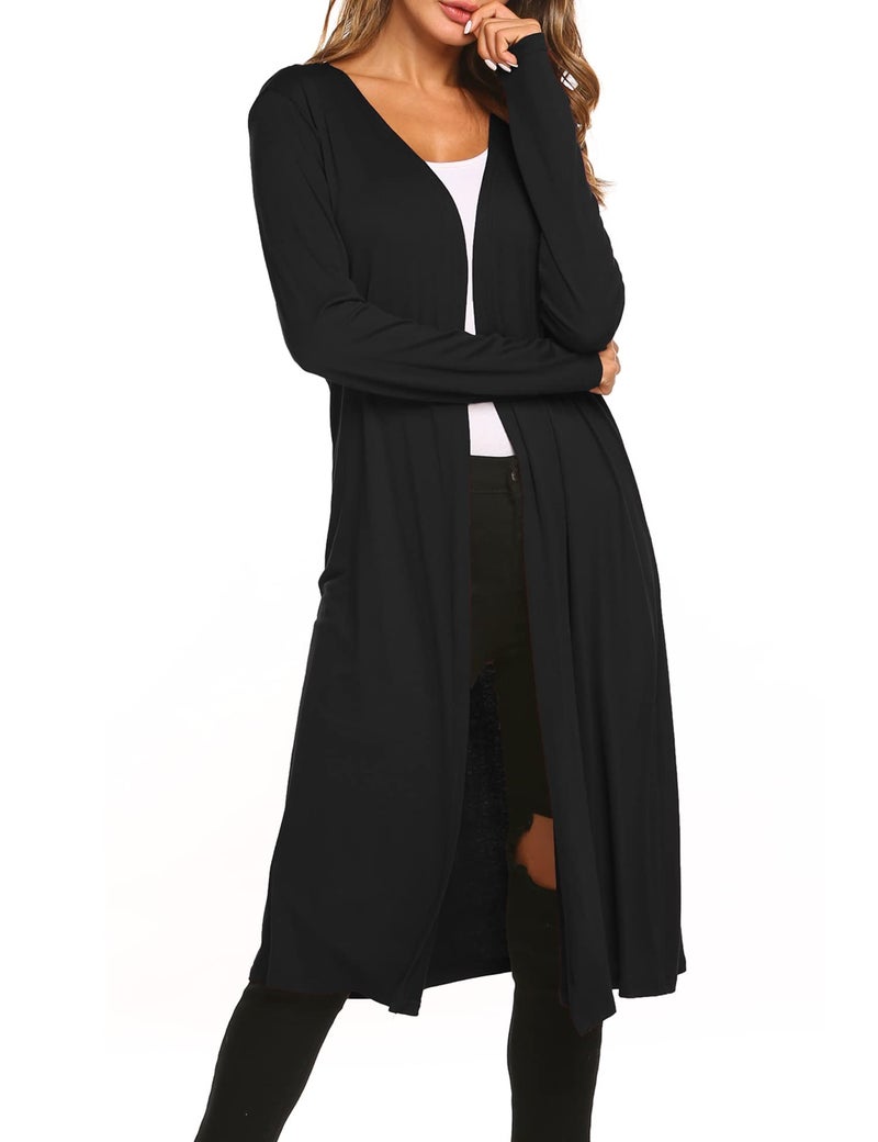 Bluetime Women Long Open Front Drape Maxi Cardigan Long Sleeve Cardigan Lightweight Sweater (L, Black) - Image 3