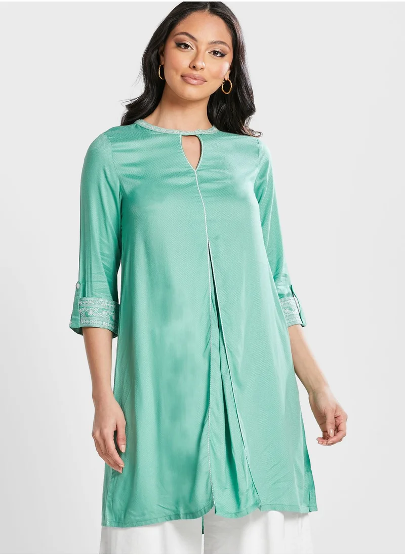 globaldesi Round Neck Lace Trim  Tunic
