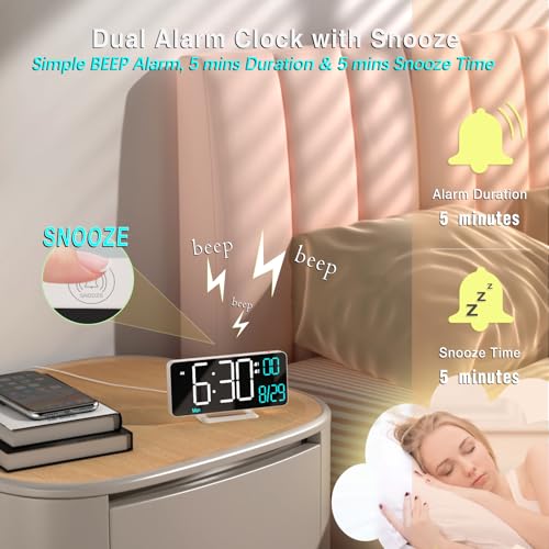 KOSUMOSU Digital Alarm Clocks 6.7in Small Digital Clock for Bedroom,Auto Dimming,Dual Alarm, Date, Seconds, Day of Week, Indoor Temperature,Desk Clock for Classroom,LED Clocks for Living Room - Image 5