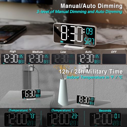 KOSUMOSU Digital Alarm Clocks 6.7in Small Digital Clock for Bedroom,Auto Dimming,Dual Alarm, Date, Seconds, Day of Week, Indoor Temperature,Desk Clock for Classroom,LED Clocks for Living Room - Image 3