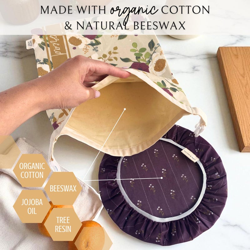 Nectar & Nest Bread Baker Set, Reusable Beeswax Bread Bags for Homemade Bread, Sourdough Bag, Organic Cotton Beeswax Bowl Cover, Limited-Edition Artist Series (December Blooms by Mackenzie Nelson Art) - Image 4