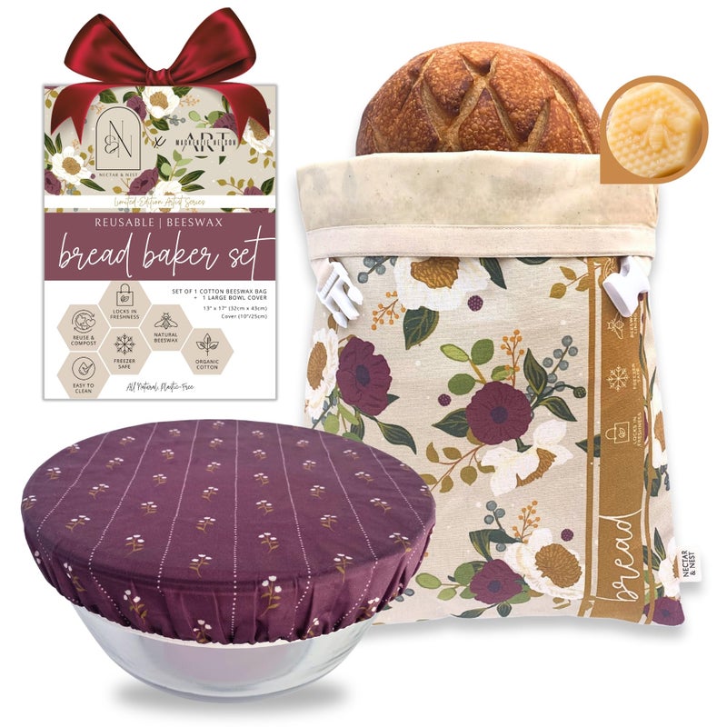 Nectar & Nest Bread Baker Set, Reusable Beeswax Bread Bags for Homemade Bread, Sourdough Bag, Organic Cotton Beeswax Bowl Cover, Limited-Edition Artist Series (December Blooms by Mackenzie Nelson Art) - Image 1