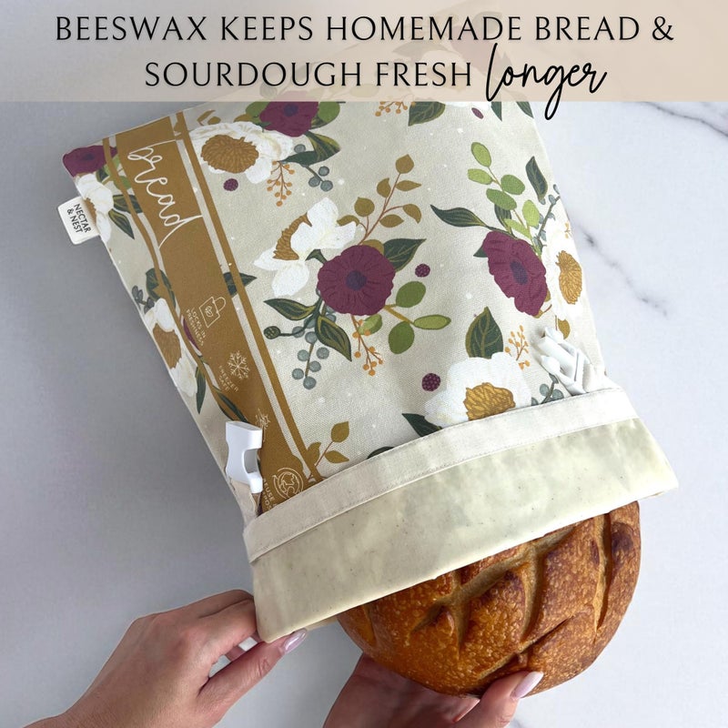Nectar & Nest Bread Baker Set, Reusable Beeswax Bread Bags for Homemade Bread, Sourdough Bag, Organic Cotton Beeswax Bowl Cover, Limited-Edition Artist Series (December Blooms by Mackenzie Nelson Art) - Image 2