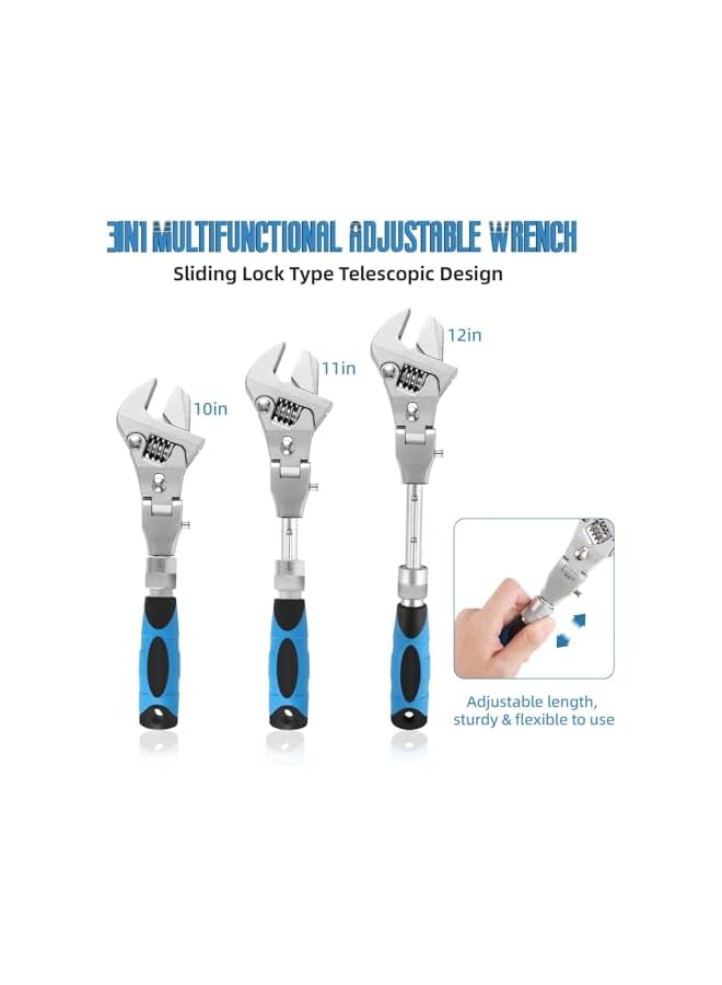 promass Adjustable Wrench, 10" to 12" Crescent Wrenches with 180° Rotating Head Wrench tool, Cr-V Chrome Vanadium Steel - Image 2